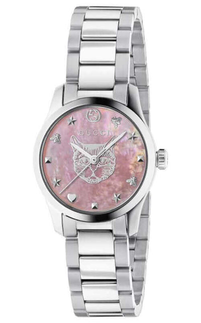 GUCCI G-TIMELESS PINK MOP & FELINE DIAL WATCH YA1265013 | Bandiera Jewellers Toronto and Vaughan